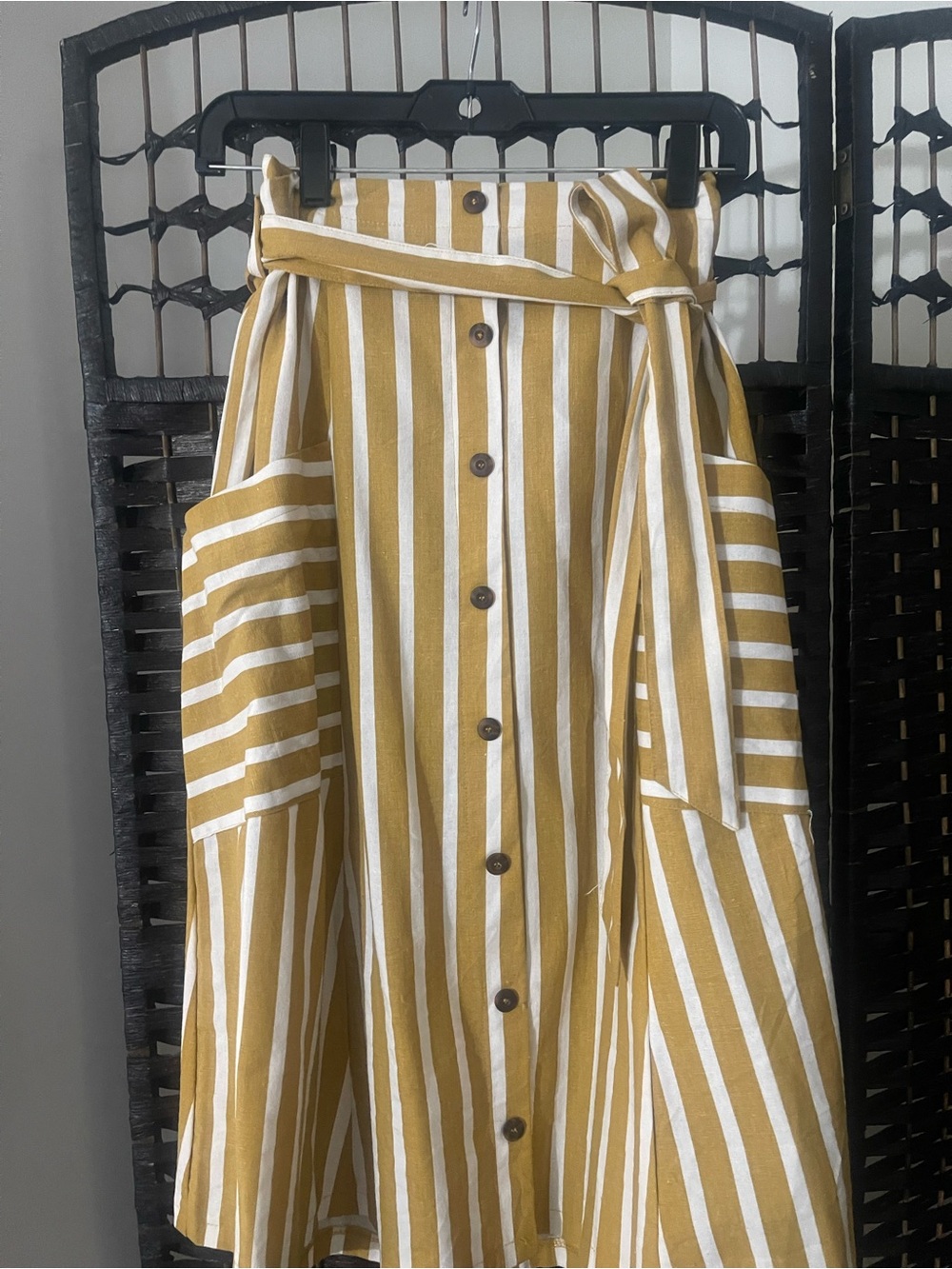 Metro Wear Mustard and White Striped Button-Front Midi Skirt with Tie Waist